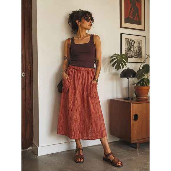 Flax Dresses & Skirts - Flax Women’s Multi Red Pink Woven Textured Linen Pocket Maxi Skirt